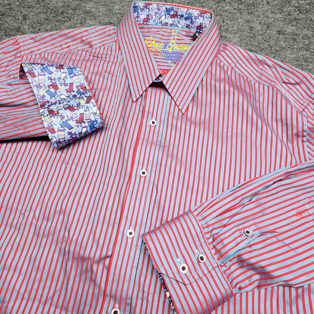 Robert Graham Red Metallic Grey Stripe Long Sleeve Button Down Shirt XL Chairs